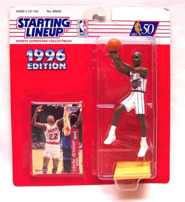1996 Clyde Drexler Starting Lineup Clyde Drexler “#22 Rockets White Uniform w/Player Trading Card” (Sports Superstar NBA 50 Starting Lineup) “Rare-Vintage (1996)