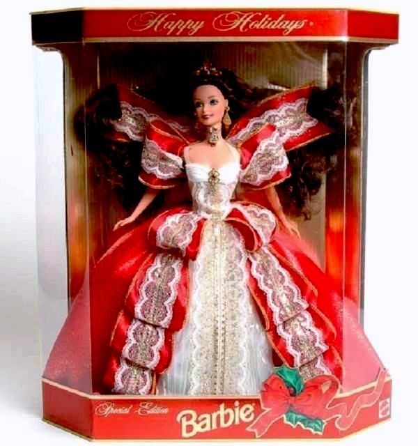 Happy Holidays Barbie Doll (Brunette) 10th Anniversary Gold Insert (1)