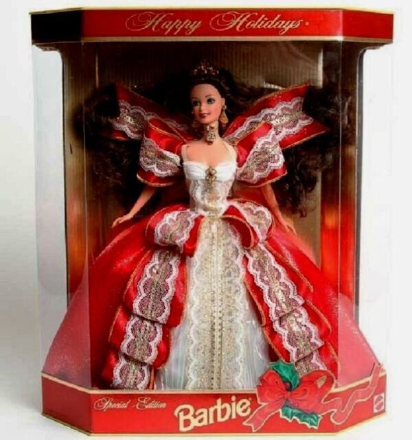 Happy Holidays Barbie Doll (Brunette) 10th Anniversary Gold Insert (2)