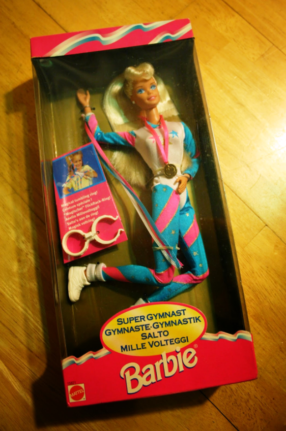1995 Super Gymnast Barbie Blonde 1st Edition (Original Bilingual 4-Multi-Lingual International Series) Mattel/Barbie Collectibles “Rare-Vintage” (1995)