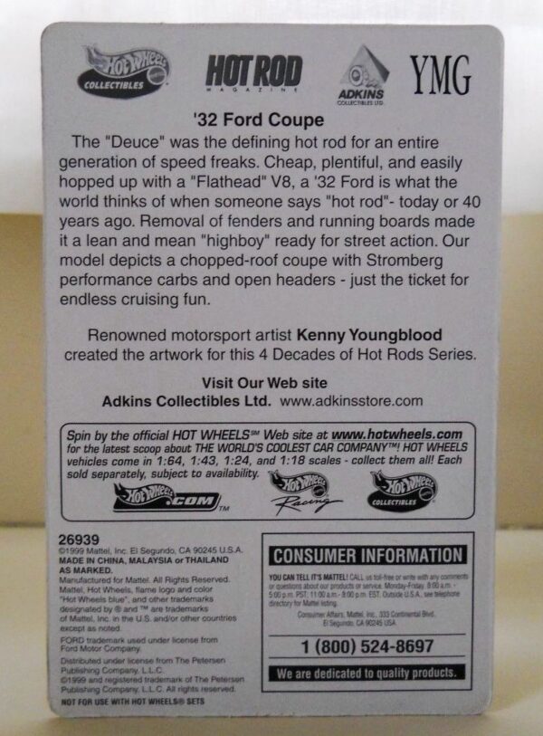 '32 Ford  Coupe “#1/4 Series 1” (Hotwheels Collectibles “Special Limited Edition 4-Decades Of Hot Rods-Car Art 1:64 Scale” Box Set) “Rare-Vintage” (2000)