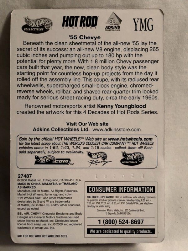 '55 Chevy  Coupe 4-Decades Of Hot Rods-8 '55 Chevy “#3/4 Series 1” (Hotwheels Collectibles “Special Limited Edition 4-Decades Of Hot Rods-Car Art 1:64 Scale” Box Set) “Rare-Vintage” (2000)