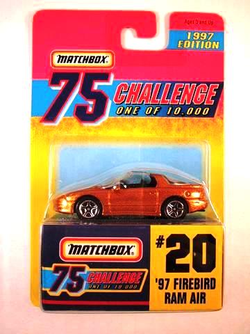 (20) 1997 FIREBIRD RAM AIR '97 Firebird Ram Air “Card #20- Metallic Gold -1 of 10,000 Ltd. Ed.” (Matchbox 75 Gold Challenge Ltd. Ed. Series) “Rare-Vintage” (1997)
