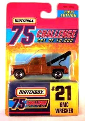 (21) GMC Wrecker-0 GMC Wrecker “Card #21- Metallic Gold -1 of 10,000 Ltd. Ed.” (Matchbox 75 Gold Challenge Ltd. Ed. Series) “Rare-Vintage” (1997)