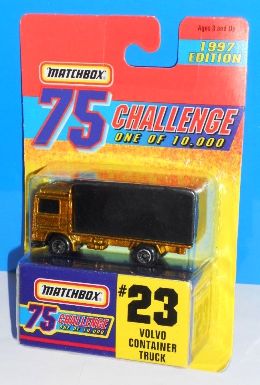 Volvo Container Truck “Card #23- Metallic Gold -1 of 10,000 Ltd. Ed.” (Matchbox 75 Gold Challenge Ltd. Ed. Series) “Rare-Vintage” (1997)