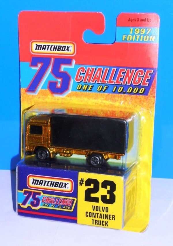 (23) Volvo Container Truck Volvo Container Truck “Card #23- Metallic Gold -1 of 10,000 Ltd. Ed.” (Matchbox 75 Gold Challenge Ltd. Ed. Series) “Rare-Vintage” (1997)
