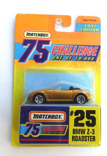 (25) BMW Z-3 Roadster (Gold) '97 BMW Z-3 Roadster “Card #25- Metallic Gold -1 of 10,000 Ltd. Ed.” (Matchbox 75 Gold Challenge Ltd. Ed. Series) “Rare-Vintage” (1997)
