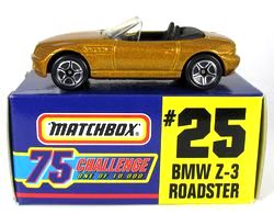 (25) BMW Z-3 Roadster “Card #25- Metallic Gold -1 of 10,000 Ltd. Ed.” (Matchbox 75 Gold Challenge Ltd. Ed. Series) “Rare-Vintage” (1997)