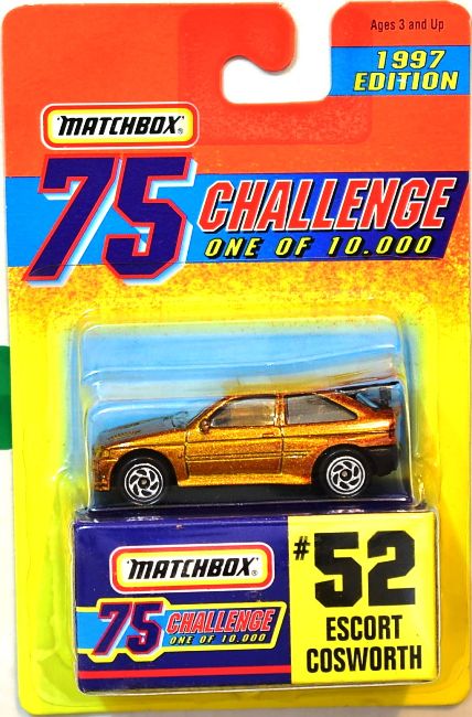 (52) Ford Escort Cosworth-1 Escort Cosworth “Card #52- Metallic Gold -1 of 10,000 Ltd. Ed.” (Matchbox 75 Gold Challenge Ltd. Ed. Series) “Rare-Vintage” (1997)