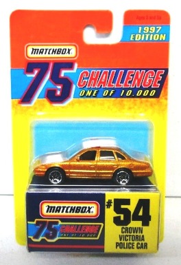 Crown Victoria Police Car “Card #54- Metallic Gold -1 of 10,000 Ltd. Ed.” (Matchbox 75 Gold Challenge Ltd. Ed. Series) “Rare-Vintage” (1997) 