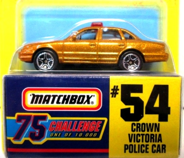 Crown Victoria Police Car “Card #54- Metallic Gold -1 of 10,000 Ltd. Ed.” (Matchbox 75 Gold Challenge Ltd. Ed. Series) “Rare-Vintage” (1997) 