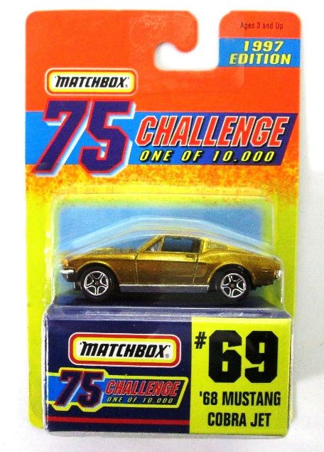 (69) 68 MUSTANG COBRA JET-00 '68 Mustang Cobra Jet “Card #69- Metallic Gold -1 of 10,000 Ltd. Ed.” (Matchbox 75 Gold Challenge Ltd. Ed. Series) “Rare-Vintage” (1997)