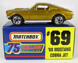 (69) '68 Mustang Cobra Jet “Card #69- Metallic Gold -1 of 10,000 Ltd. Ed.” (Matchbox 75 Gold Challenge Ltd. Ed. Series) “Rare-Vintage” (1997)