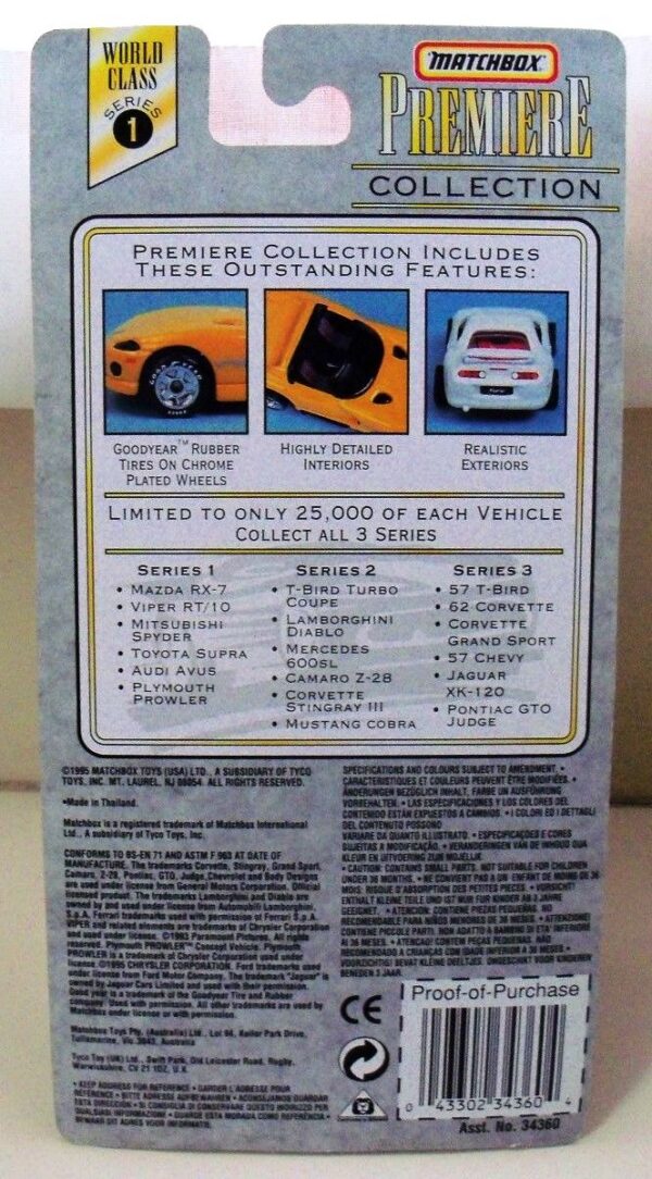 Series-1 Viper RT-10-1b Dodge Viper RT/10 “Yellow- 1 of 25,000”! (Matchbox “Premiere World Class” Limited Edition Collection Series-1) “Rare-Vintage” (1996)