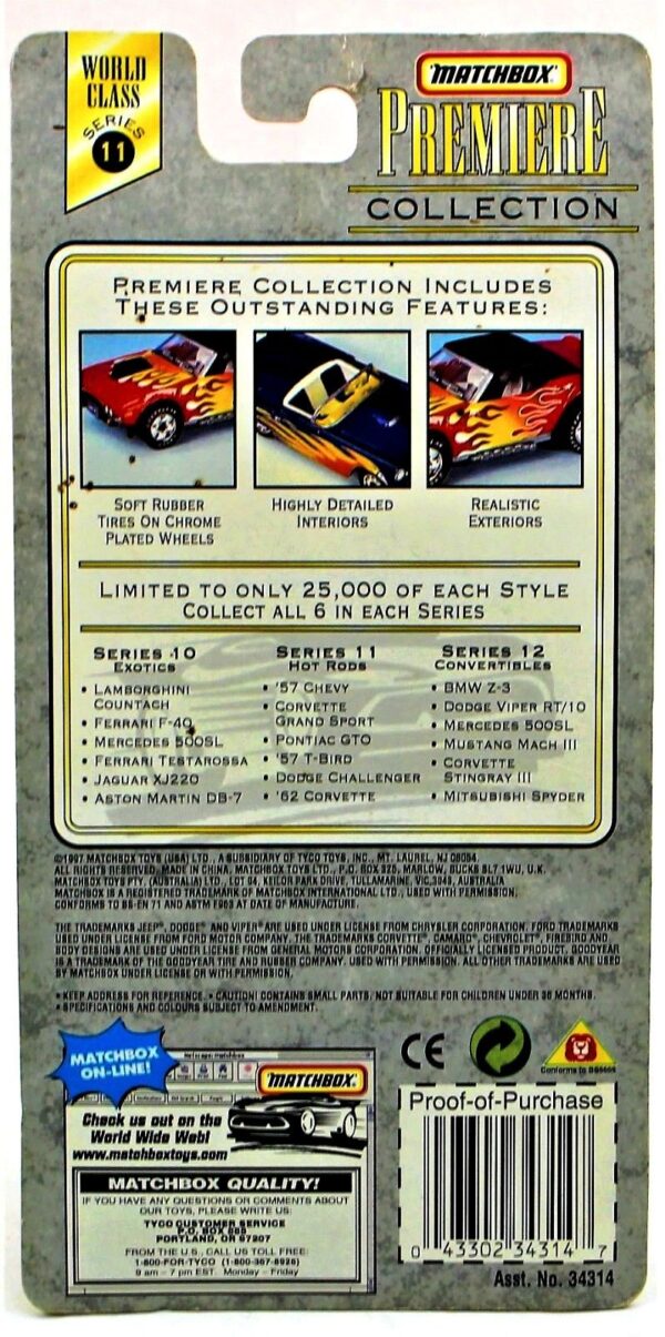 Pontiac GTO “Yellow  w/Flames Tampo- 1 of 25,000”! (Matchbox “Premiere World Class Hot Rod” Limited Edition Collection Series-11) “Rare-Vintage” (1998)