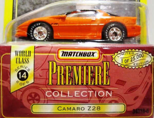 Camaro Z28 “Orange w/White Stripes – 1 of 25,000”! (Matchbox “Premiere World Class” Limited Edition Collection Series-14) “Rare-Vintage” (1998) 
