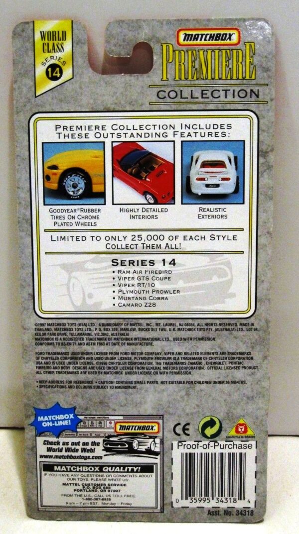 Camaro Z28 “Orange w/White Stripes – 1 of 25,000”! (Matchbox “Premiere World Class” Limited Edition Collection Series-14) “Rare-Vintage” (1998) 