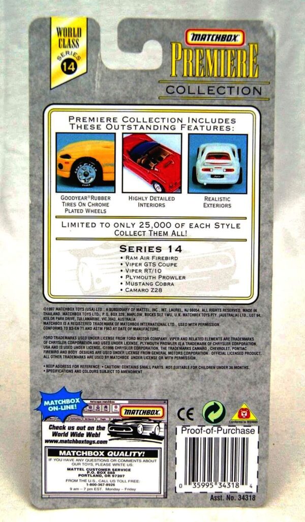Mustang Cobra “Gold – 1 of 25,000”! (Matchbox “Premiere World Class” Limited Edition Collection Series-14) “Rare-Vintage” (1998) 