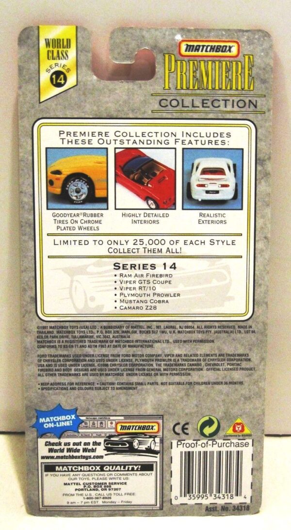Ram Air Firebird “Silver w/Formula V8 Tampo – 1 of 25,000”! (Matchbox “Premiere World Class” Limited Edition Collection Series-14) “Rare-Vintage” (1998) 