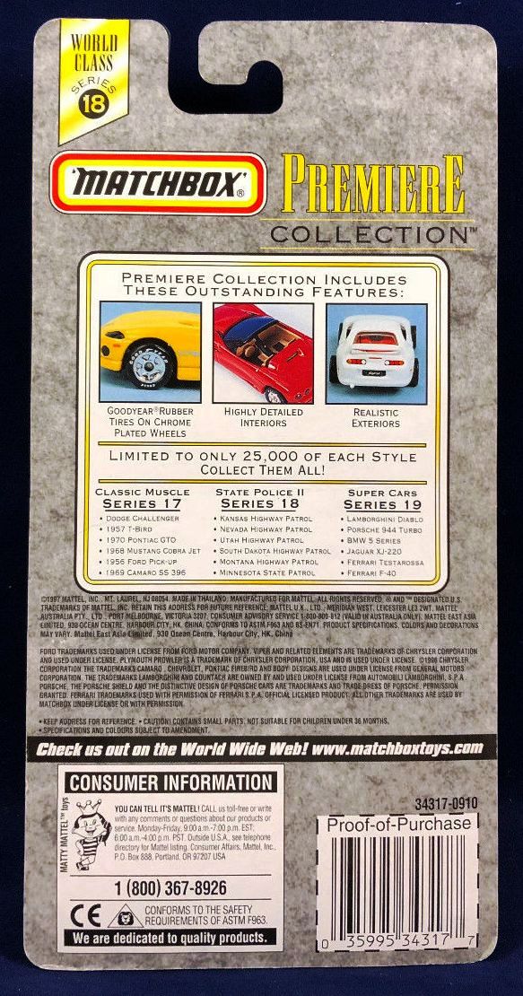 Kansas Highway Patrol “Black – 1 of 25,000”! (Matchbox “Premiere World Class State Police II” Limited Edition Collection Series-18) “Rare-Vintage” (1998)