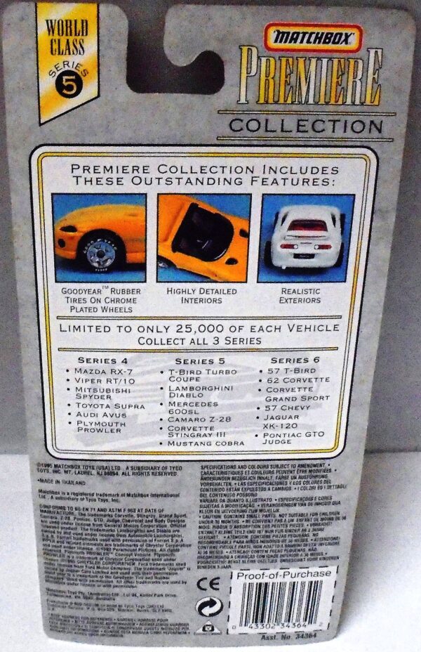 Series-5 Mustang Cobra-01b Mustang Cobra “White- 1 of 25,000”! (Matchbox “Premiere World Class” Limited Edition Collection Series-5) “Rare-Vintage” (1996)