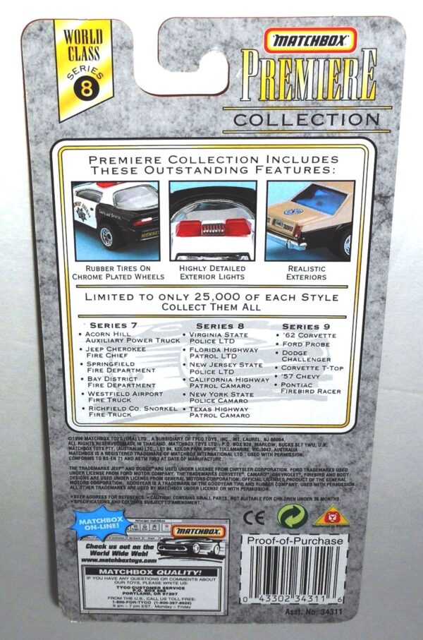 Series-8 Flordia Highway Patrol LTD-1a Flordia Highway Patrol “Black & Tan- 1 of 25,000”! (Matchbox “Premiere World Class Police” Limited Edition Collection Series-8) “Rare-Vintage” (1997)