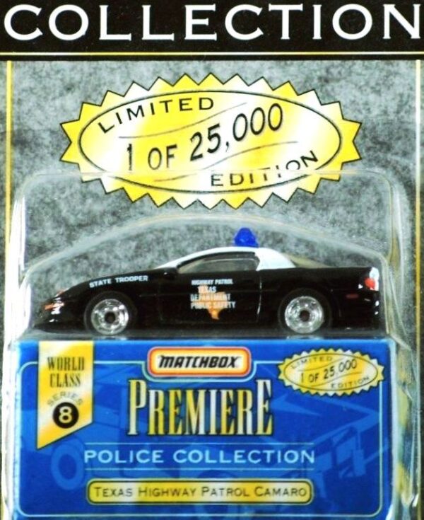 Texas Highway Patrol Camaro “Black & White- 1 of 25,000”! (Matchbox “Premiere World Class Police” Limited Edition Collection Series-8) “Rare-Vintage” (1997)