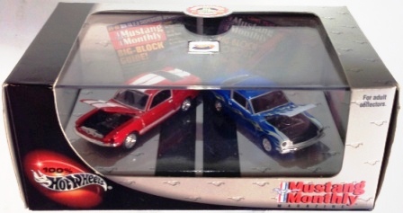 '65 - '66 Mustang Monthly Magazine-a '65 Mustang GT-500 Red & '66 Mustang Fastback Blue (Adult Collector) 100% Hotwheels Ltd Ed Series 1:64 Scale 2-Car Box Set) “Rare-Vintage” (2000)