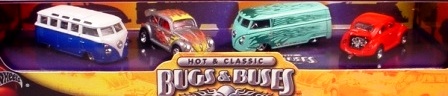 VW Bugs & Buses “Hot & Classic” (Hotwheels 100% “Exclusive  Limited Edition 1:64 Scale” Plexi-Case 4 Pc-VW Set) "Rare-Vintage" (2000)