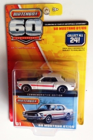 '68 Mustang GT/CS - “California Special-Pearl White w/Black Hood” (Matchbox “60th Anniversary” Collectible Series) “Rare-Vintage” (2012) 