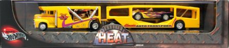 Haulin' Heat (set) 2001a Haulin' Heat “Classic Auto Transporter” (Hotwheels 100% "Exclusive  Limited Edition 1:64 Scale" Plexi-Case 4 Pc-Car & Transporter Set) "Rare-Vintage" (2001)
