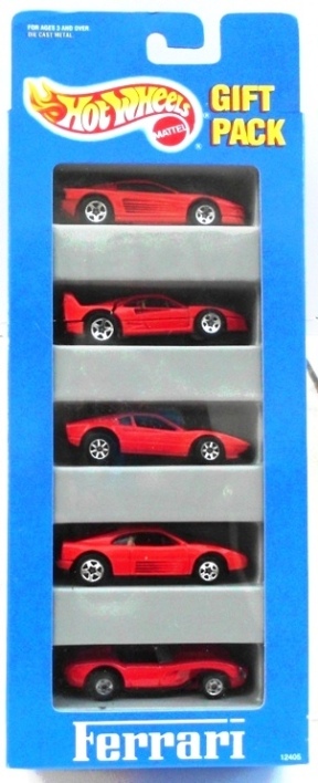Ferrari Gift Pack "Red-Collection Die Cast Metal Car#3 w/7-Spk Wheels Variation" (Hotwheels 1:64 Scale 5-Car Box Set) “Rare-Vintage” (1993)
