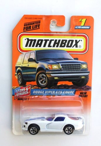 Dodge Viper GTS Coupe-“Card #01-White w/Blue Stripes” (Matchbox 75 Stars & Stripes Series-1) “Rare-Vintage” (1997) 