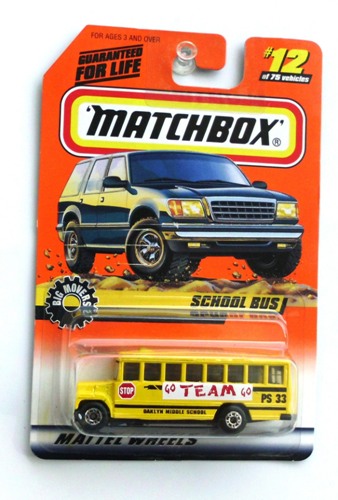 School Bus-“Card #12-Light Yellow-w/Go TEAM Go Tampo” (Matchbox 75 "Mattel Wheels-Big Movers" Series) “Rare-Vintage” (1997) 