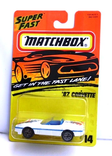 '87 Corvette-“Card! #14-White/Blue” (Matchbox 75 “Tyco Fast Lane” Collectible Series) “Rare-Vintage” (1996) 