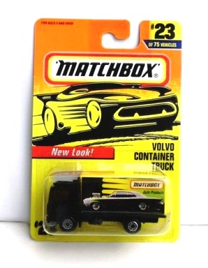 Volvo Container Truck -(Matchbox Auto Products) “Card #23-Black/Yellow” (Matchbox 75 Challenge Series) “Rare-Vintage” (1997) 
