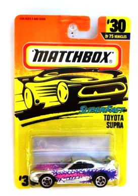 Toyota Supra “Card #30- Silver w/Pink 'n' Purple Splash” (Matchbox 75 Superfast Series) “Rare-Vintage” (1997) 