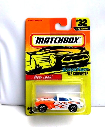 '62 Corvette -(Variant Release) “Card #32- White w/Orange Flames-Blue Windows” (Matchbox 75 Superfast Series) “Rare-Vintage” (1997)