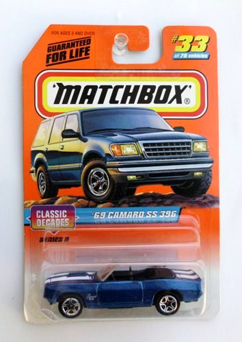 (33) '69 Camaro SS 396 (Series-5) 1997 '69 Camaro SS 396-“Card #33-Blue w/White Stripes” (Matchbox 75 Classic Decades Series-5) “Rare-Vintage” (1997)