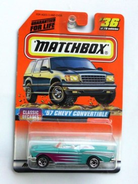 (36) '57 Chevy Convertible (aqua gree - Copy '57 Chevy Convertible-“Card #36-Aqua Green & Purple” (Matchbox 75 "Mattel Wheels Classic Decades" Series) “Rare-Vintage” (1997)