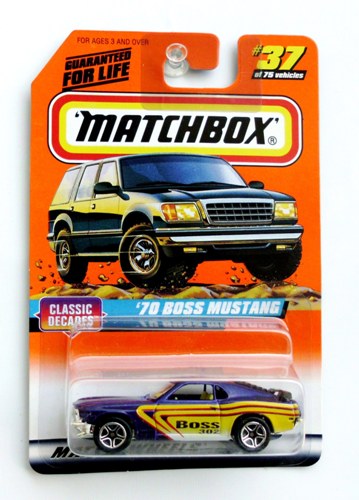 (37) '70 Boss Mustang (purple & yellow) 1997 ’70 Boss Mustang 302-“Card #37-Purple w/Yellow & Red Side Stripes” (Matchbox 75 "Mattel Wheels Classic Decades" Series) “Rare-Vintage” (1997)