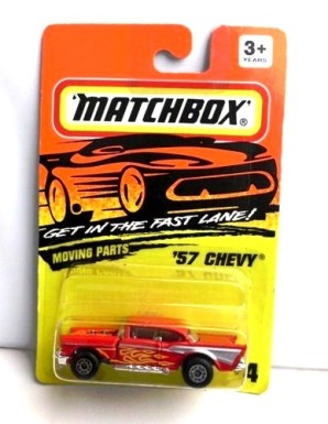 (4) '57 Chevy (Red with Flames) 1994 - Copy '57 Chevy- “Card! #04-Red & Chrome w/Flames” (Matchbox 75 “Tyco Fast Lane” Collectible Series) “Rare-Vintage” (1994)