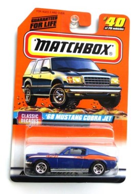 (40) '68 Mustang Cobra Jet (blue & or - Copy ’68 Mustang Cobra Jet 428-“Card #40-Blue w/Orange & White Side Stripe” (Matchbox 75 "Mattel Wheels Classic Decades" Series) “Rare-Vintage” (1997)