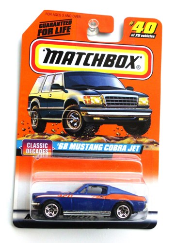 ’68 Mustang Cobra Jet 428-“Card #40-Blue w/Orange & White Side Stripe” (Matchbox 75 "Mattel Wheels Classic Decades" Series) “Rare-Vintage” (1997) 