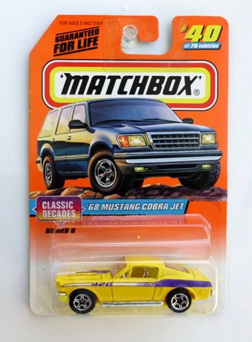 '68 Mustang Cobra Jet 428-“Card #40-Yellow/Purple” (Matchbox 75 Classic Decades Series-5) “Rare-Vintage” (1997) 