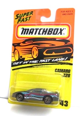 Camaro Z28-“Card! #43-Silver w/Stars & Stripes” (Matchbox 75 “Tyco Fast Lane” Collectible Series) “Rare-Vintage” (1996)