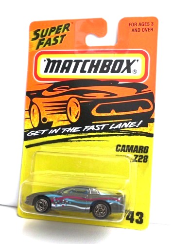 Camaro Z28-“Card! #43-Silver w/Stars & Stripes” (Matchbox 75 “Tyco Fast Lane” Collectible Series) “Rare-Vintage” (1996)