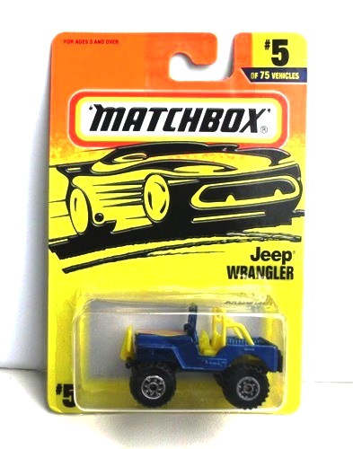 Jeep Wrangler “Card #05-Blue/Yellow” (Matchbox 75 Challenge Series)  “Rare-Vintage” (1997) » Now And Then Collectibles