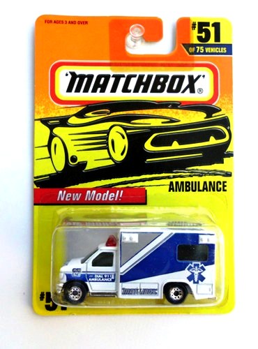 Ambulance (Dial 911) “Card #51-White/Blue” (Matchbox 75 Challenge Series) “Rare-Vintage” (1997) 