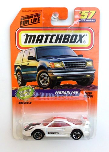 Ferrari F40 -“Card #57-Pearl White” (Matchbox 75 Super Cars Series-8) “Rare-Vintage” (1997) 